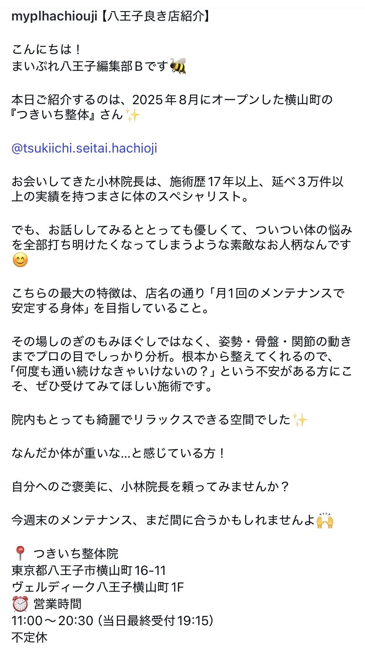 まいぷれ八王子様によるつきいち整体の紹介記事