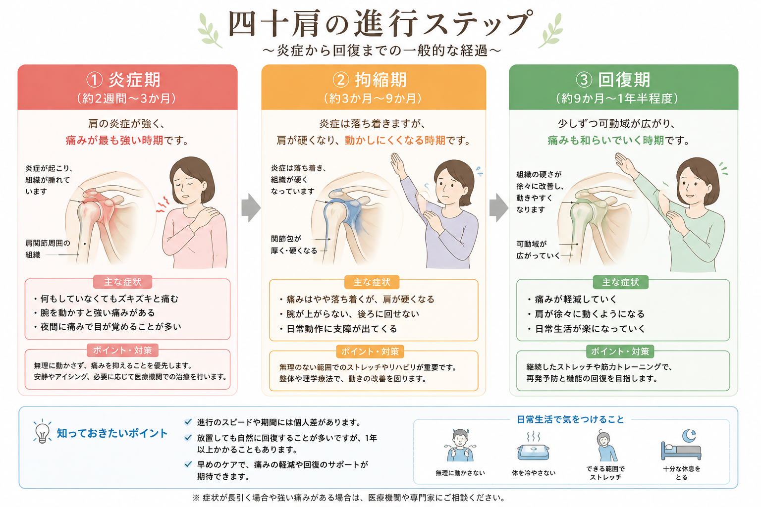 四十肩の進行ステップ（炎症期・拘縮期・回復期）の図解